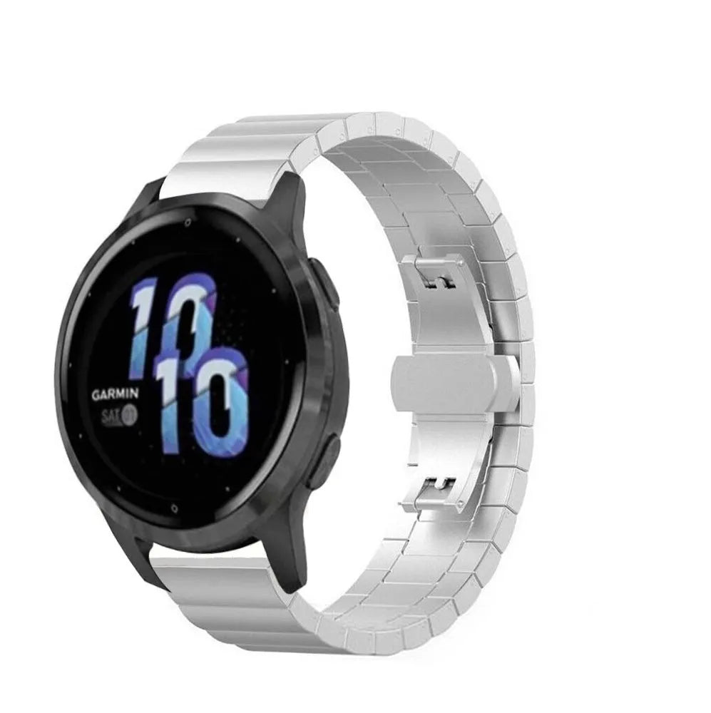 Metal Strap, silver, on a watch, 3/4 front view