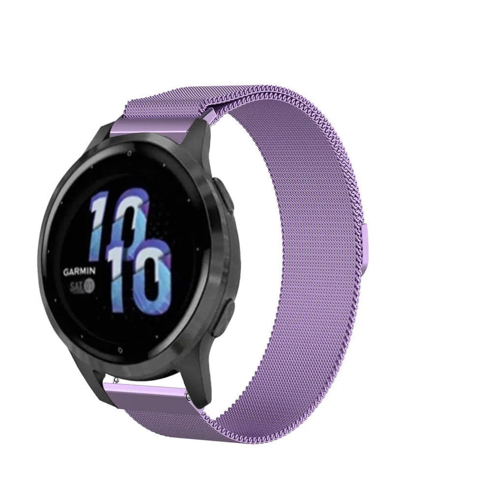 Milanese Strap, purple, on a watch, 3/4 front view