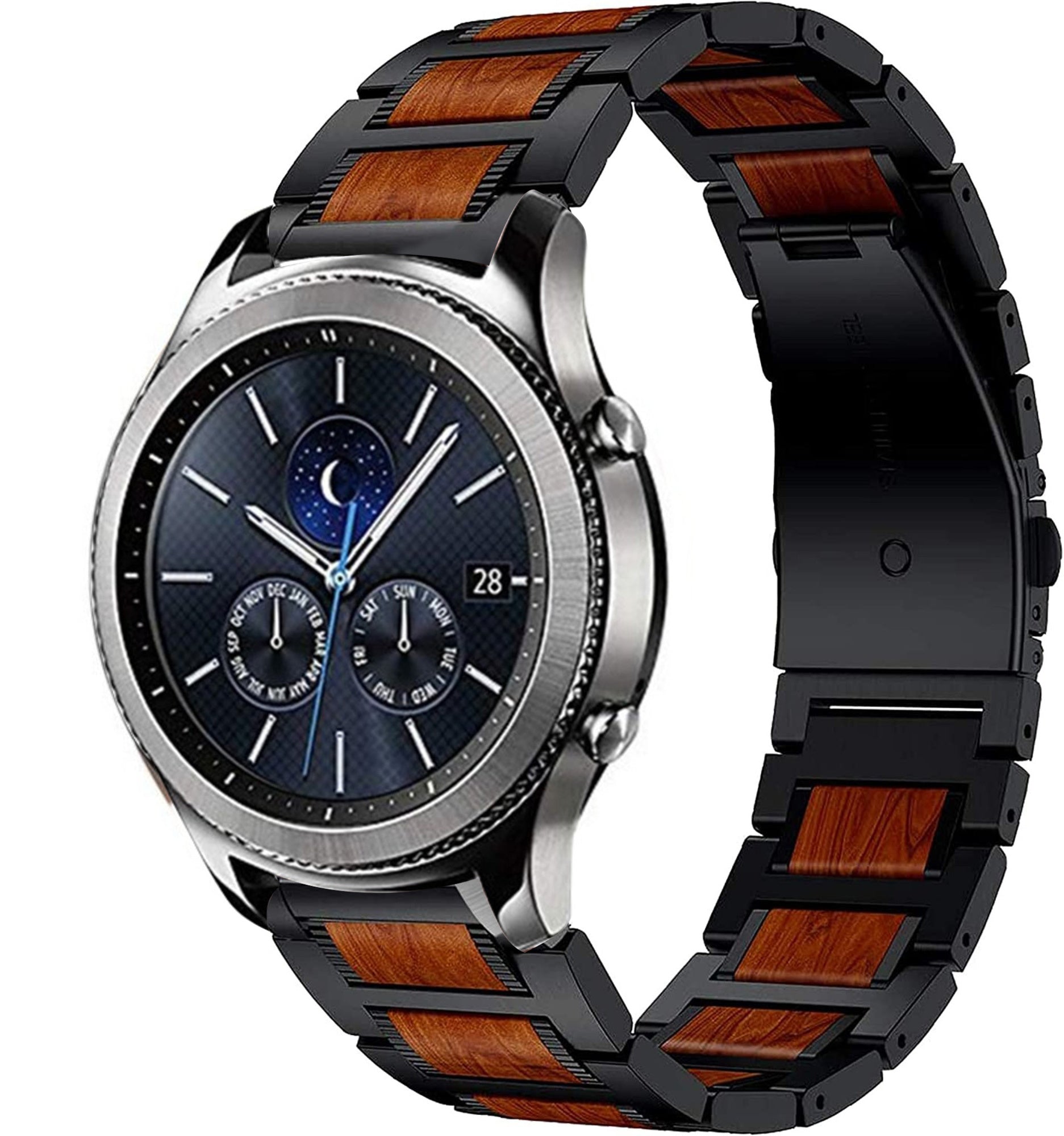 Wood Steel Strap, black, on a watch, 3/4 front view