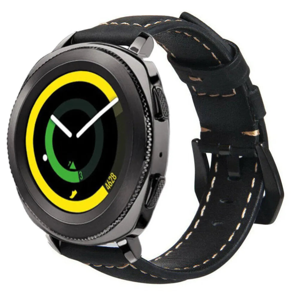 Leather Strap, black, on a watch, 3/4 front view
