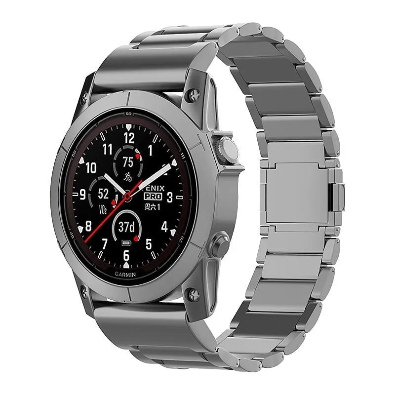 Magnetic Titanium Strap, graphite, on a watch, 3/4 front view
