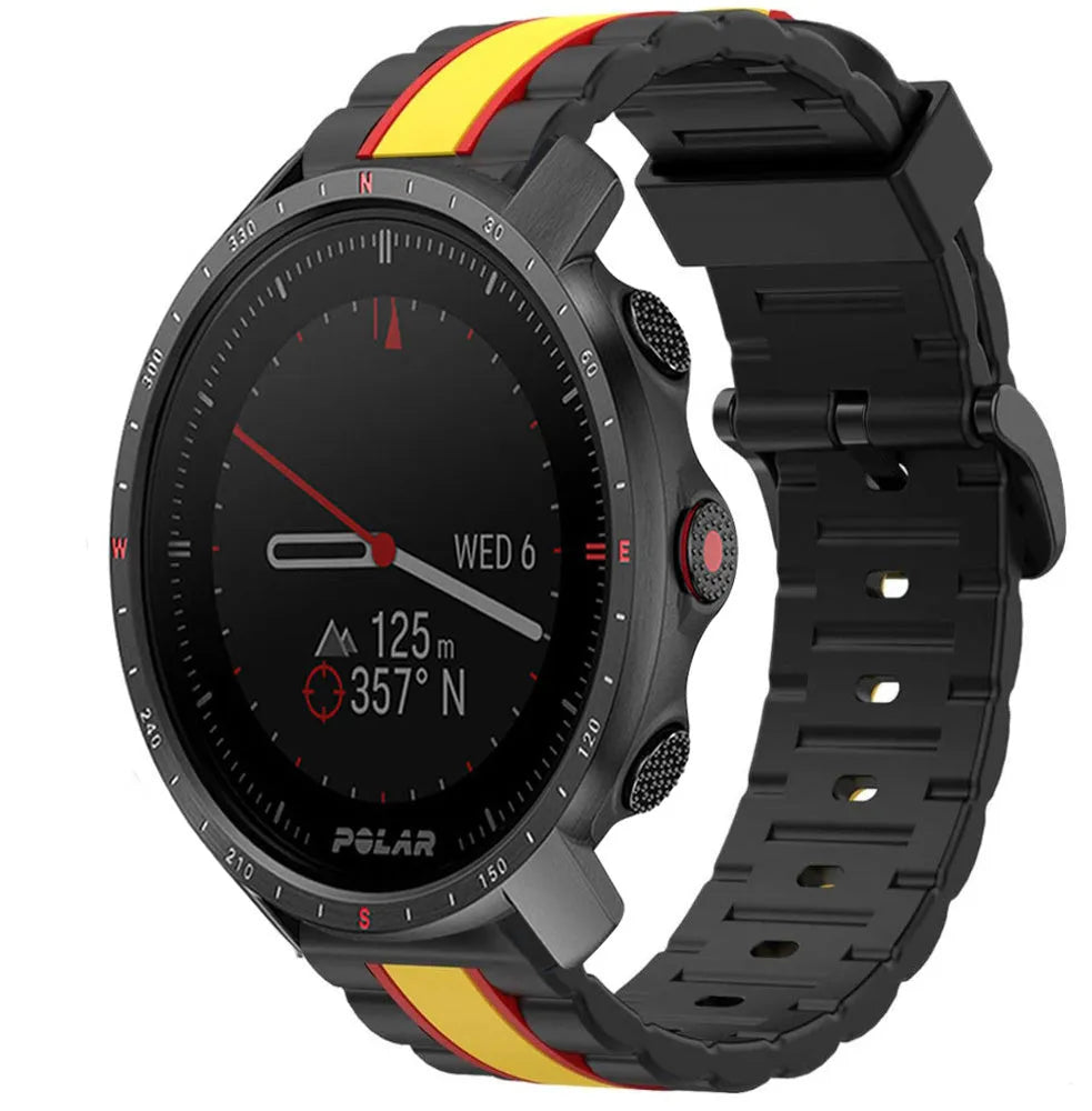 Silicone Special Edition Strap, black/yellow, on a watch, 3/4 front view