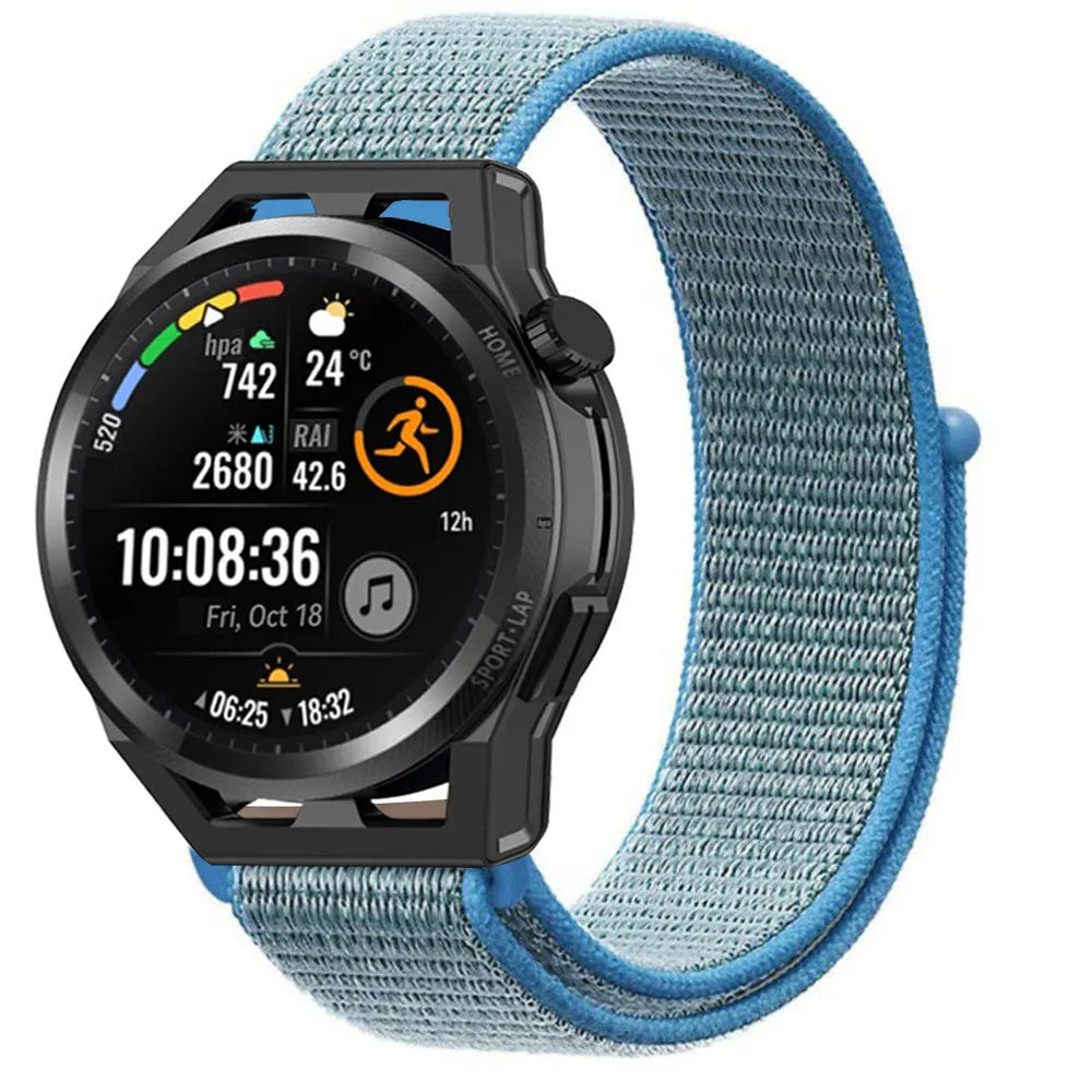 Nylon Strap, blue, on a watch, 3/4 front view