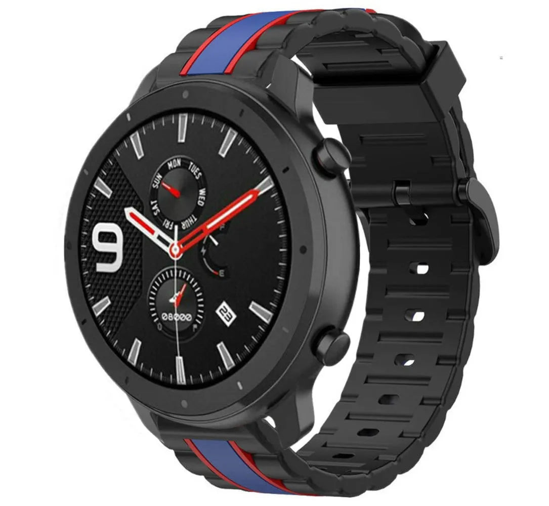 Silicone Special Edition Strap, black/blue, on a watch, 3/4 front view