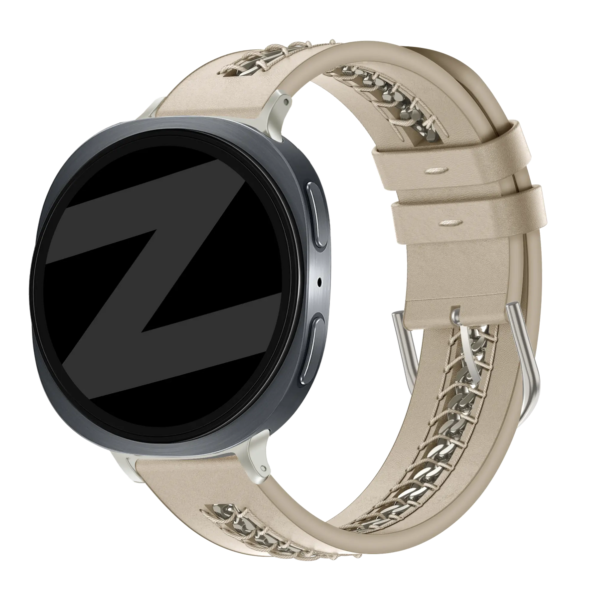 Leather Strap 'Chains', beige, on a watch, 3/4 front view