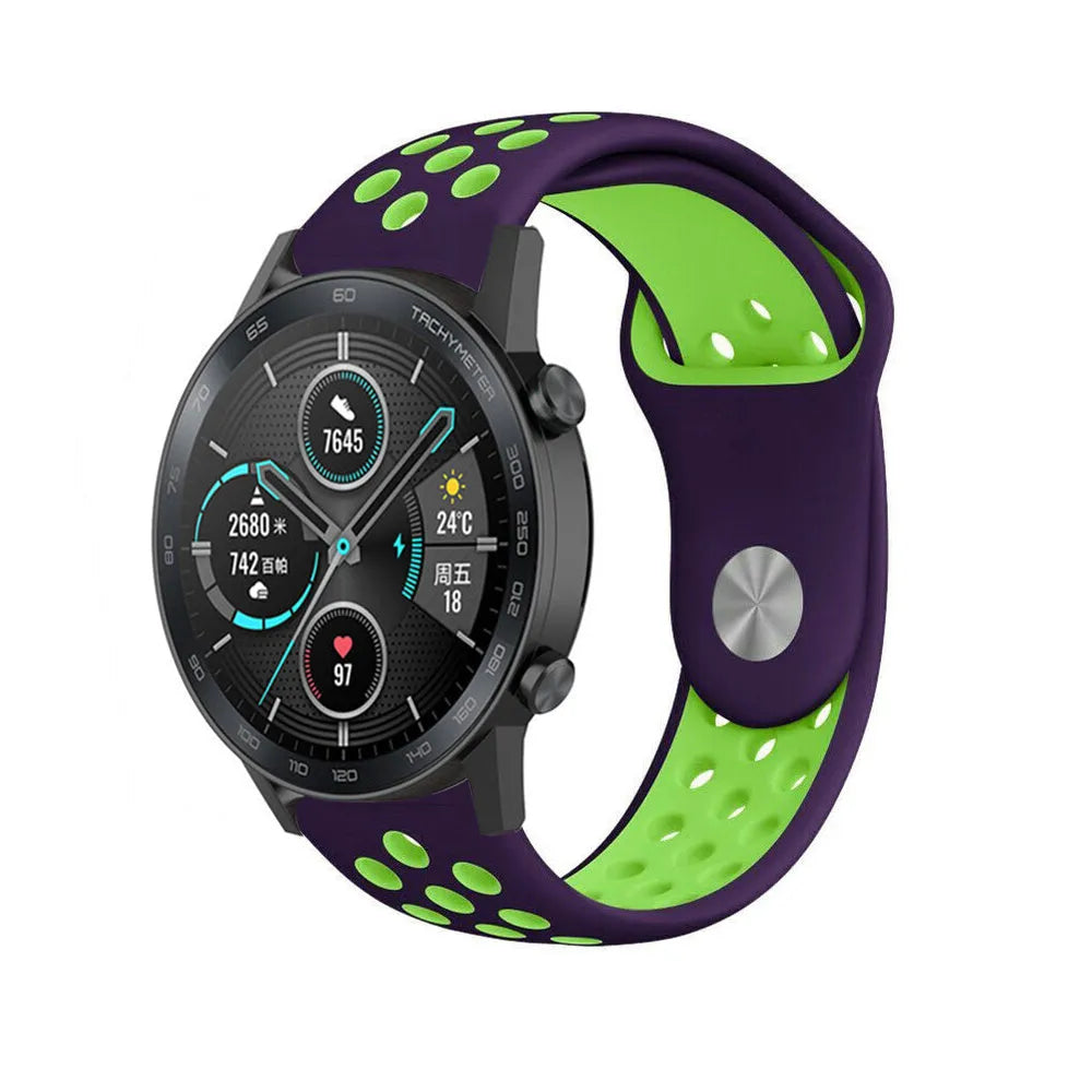 Silicone Sport Strap, purple/green, on a watch, 3/4 front view