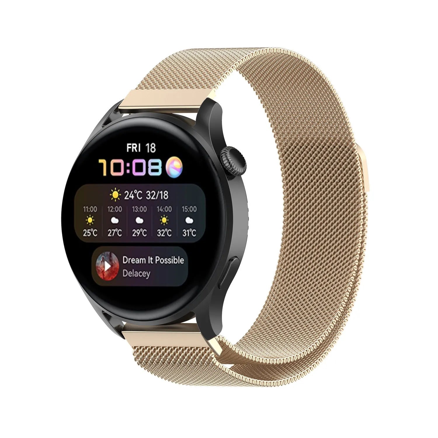 Milanese Strap, champagne, on a watch, 3/4 front view
