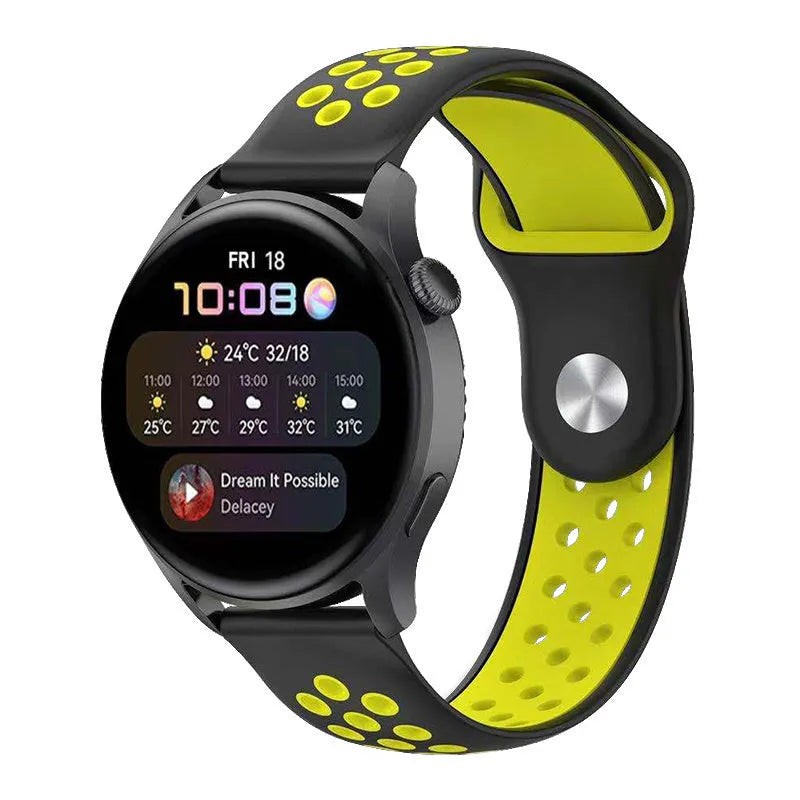 Silicone Sport Strap, black/yellow, on a watch, 3/4 front view