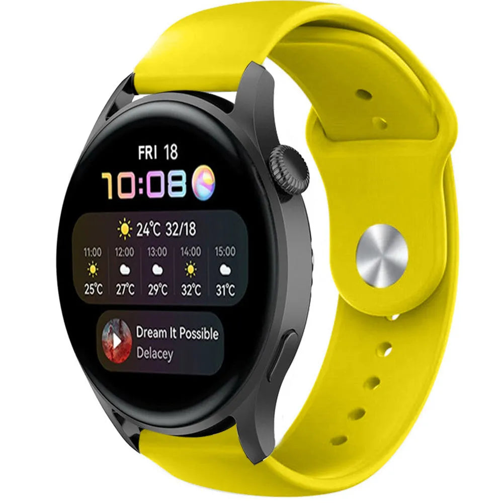 Silicone Sport Strap, yellow, on a watch, 3/4 front view