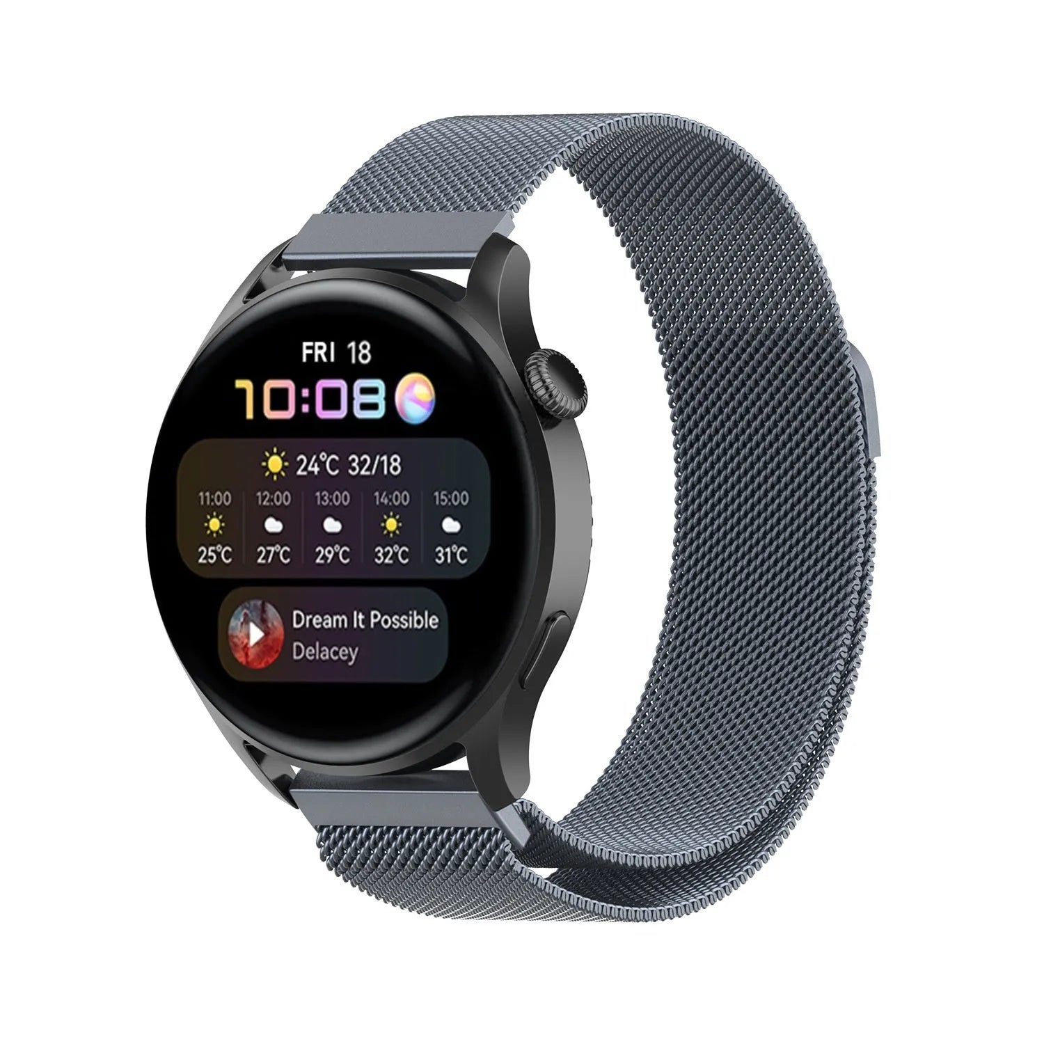 Milanese Strap, space grey, on a watch, 3/4 front view