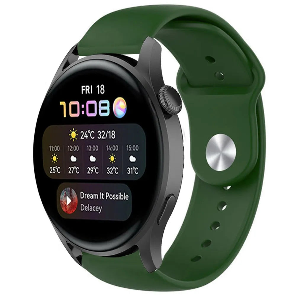 Silicone Sport Strap, army green, on a watch, 3/4 front view