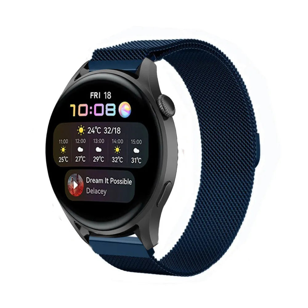 Milanese Strap, blue, on a watch, 3/4 front view