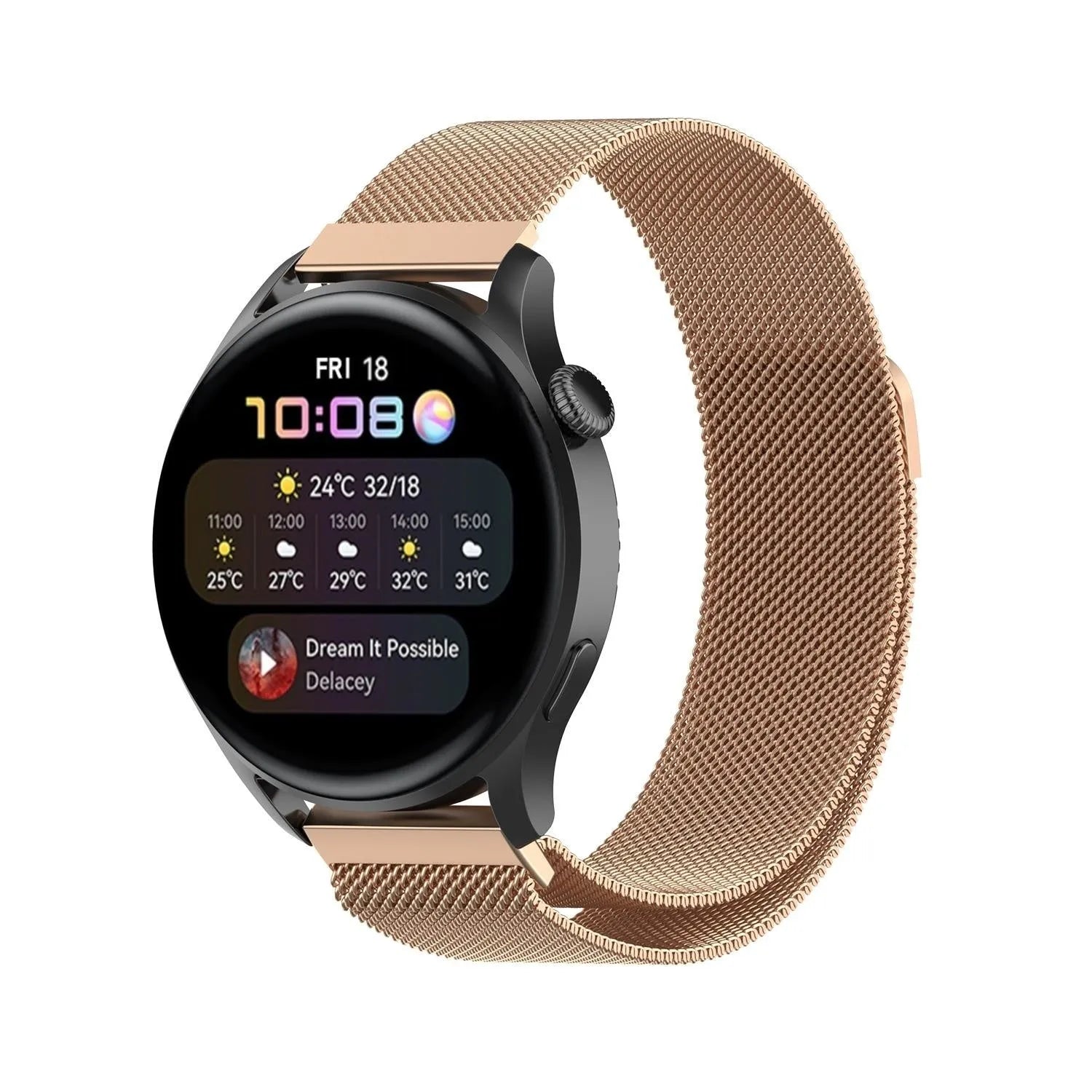 Milanese Strap, rose gold, on a watch, 3/4 front view