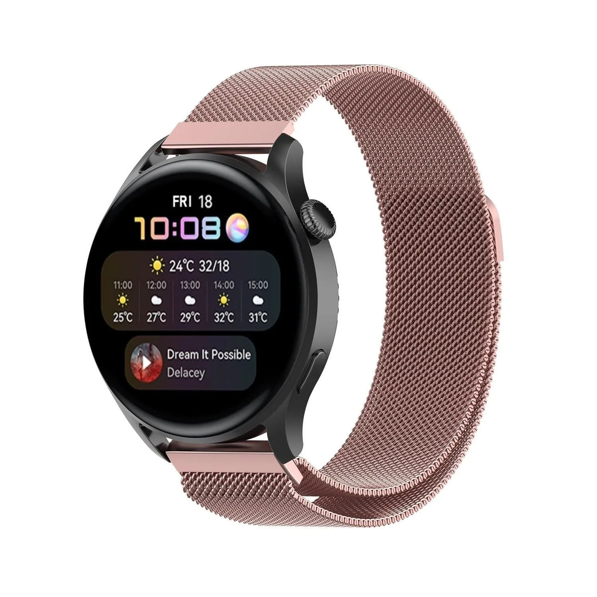Milanese Strap, pink, on a watch, 3/4 front view