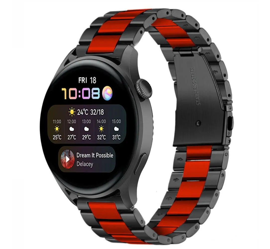 Steel Strap, black/red, on a watch, 3/4 front view