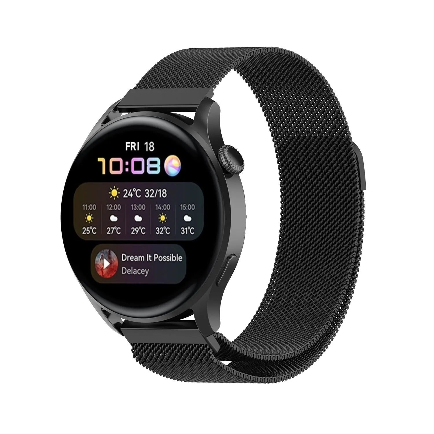 Milanese Strap, black, on a watch, 3/4 front view
