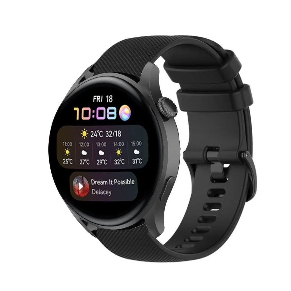 Premium Silicone Strap, black, on a watch, 3/4 front view
