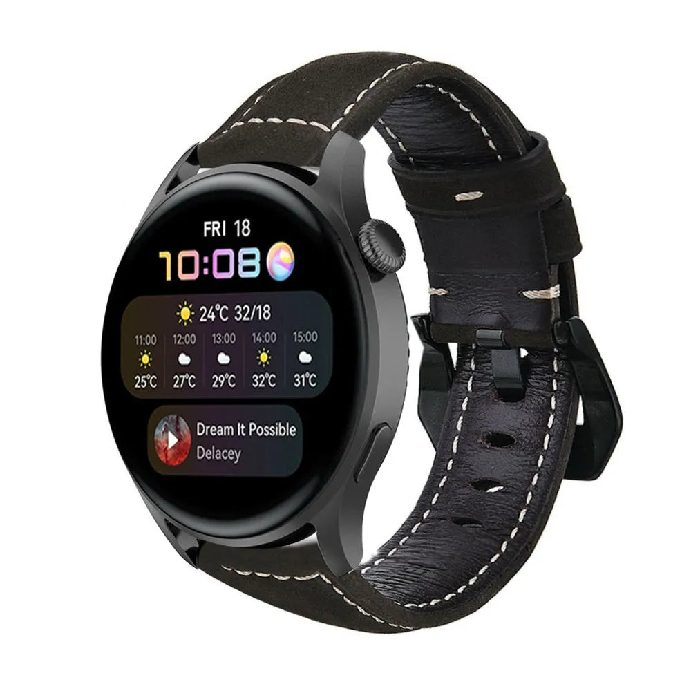 Leather Strap, black, on a watch, 3/4 front view