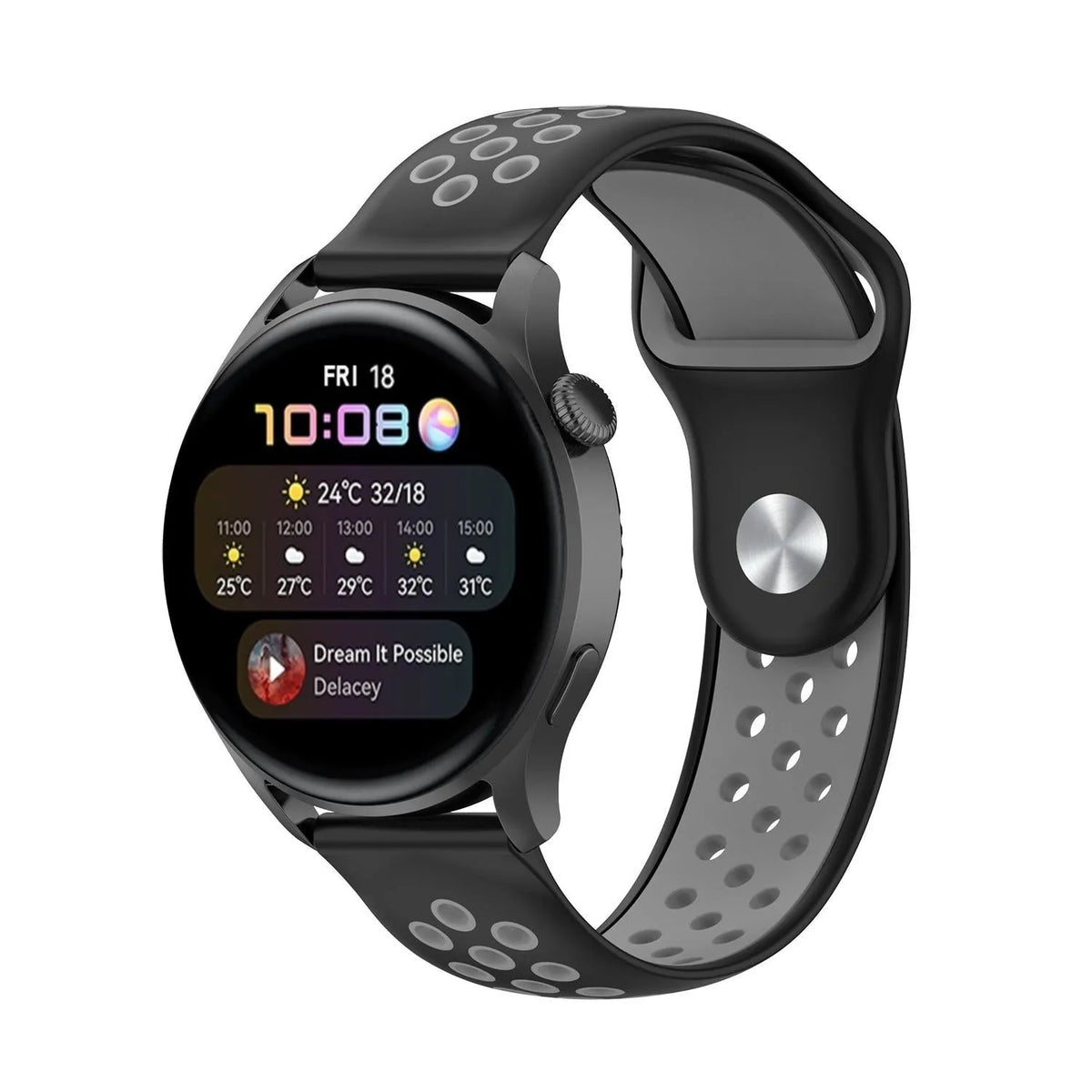 Silicone Sport Strap, black/grey, on a watch, 3/4 front view