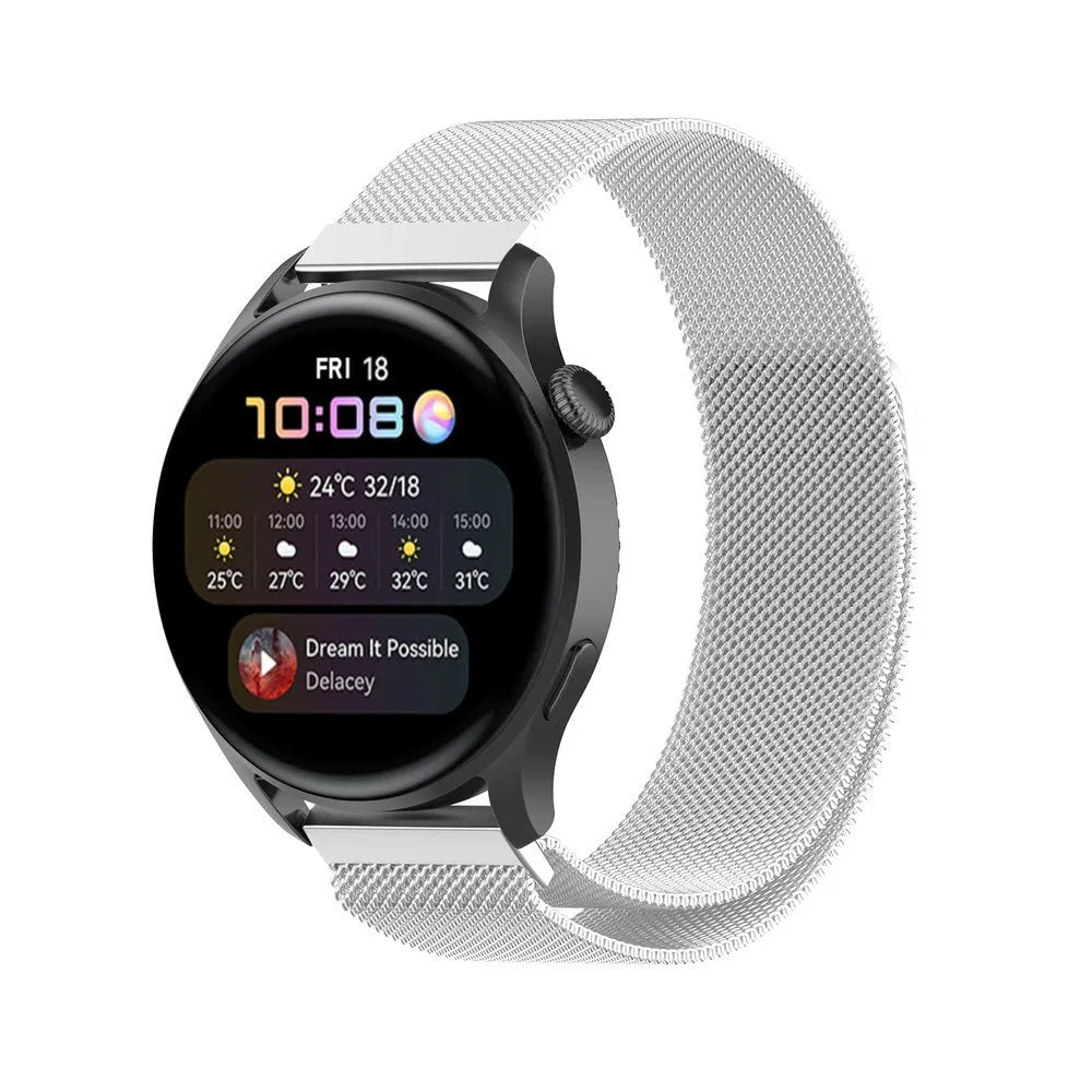 Milanese Strap, silver, on a watch, 3/4 front view