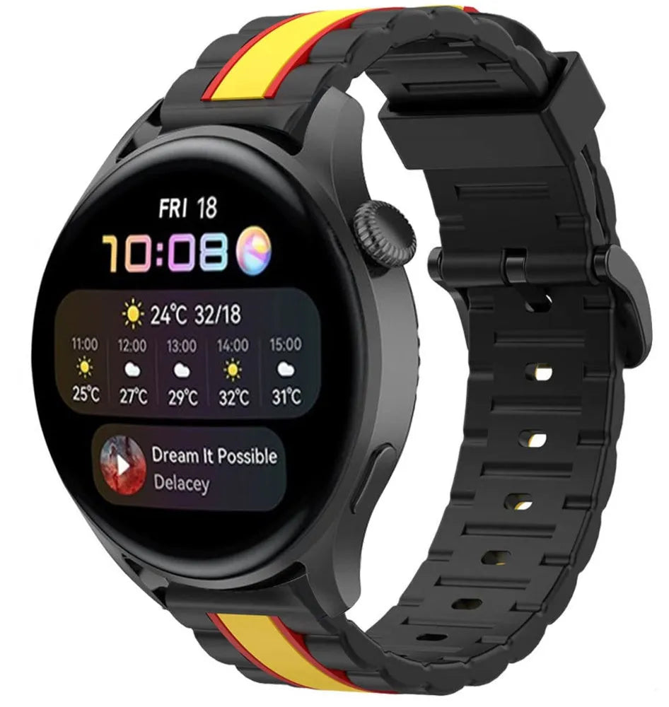 Silicone Special Edition Strap, black/yellow, on a watch, 3/4 front view