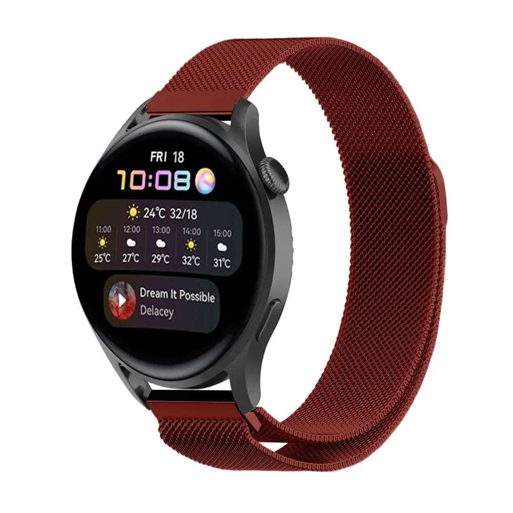 Milanese Strap, red, on a watch, 3/4 front view