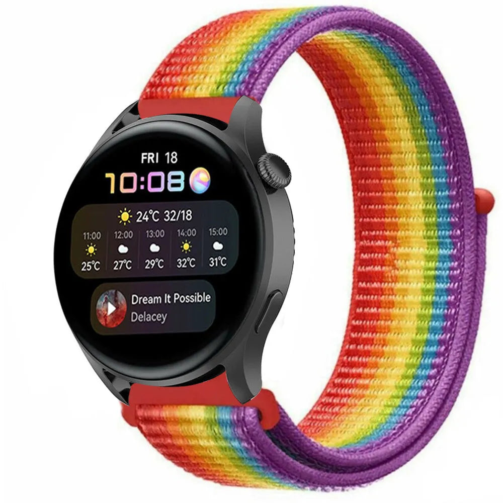 Nylon Strap, rainbow, on a watch, 3/4 front view