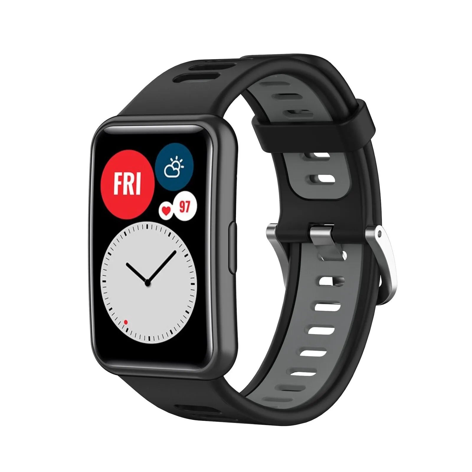 Silicone Sport Buckle Strap, black/grey, on a watch, 3/4 front view