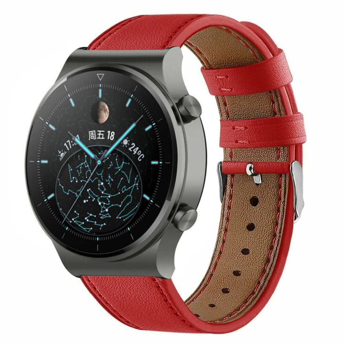 Modern Leather Strap, red, on a watch, 3/4 front view