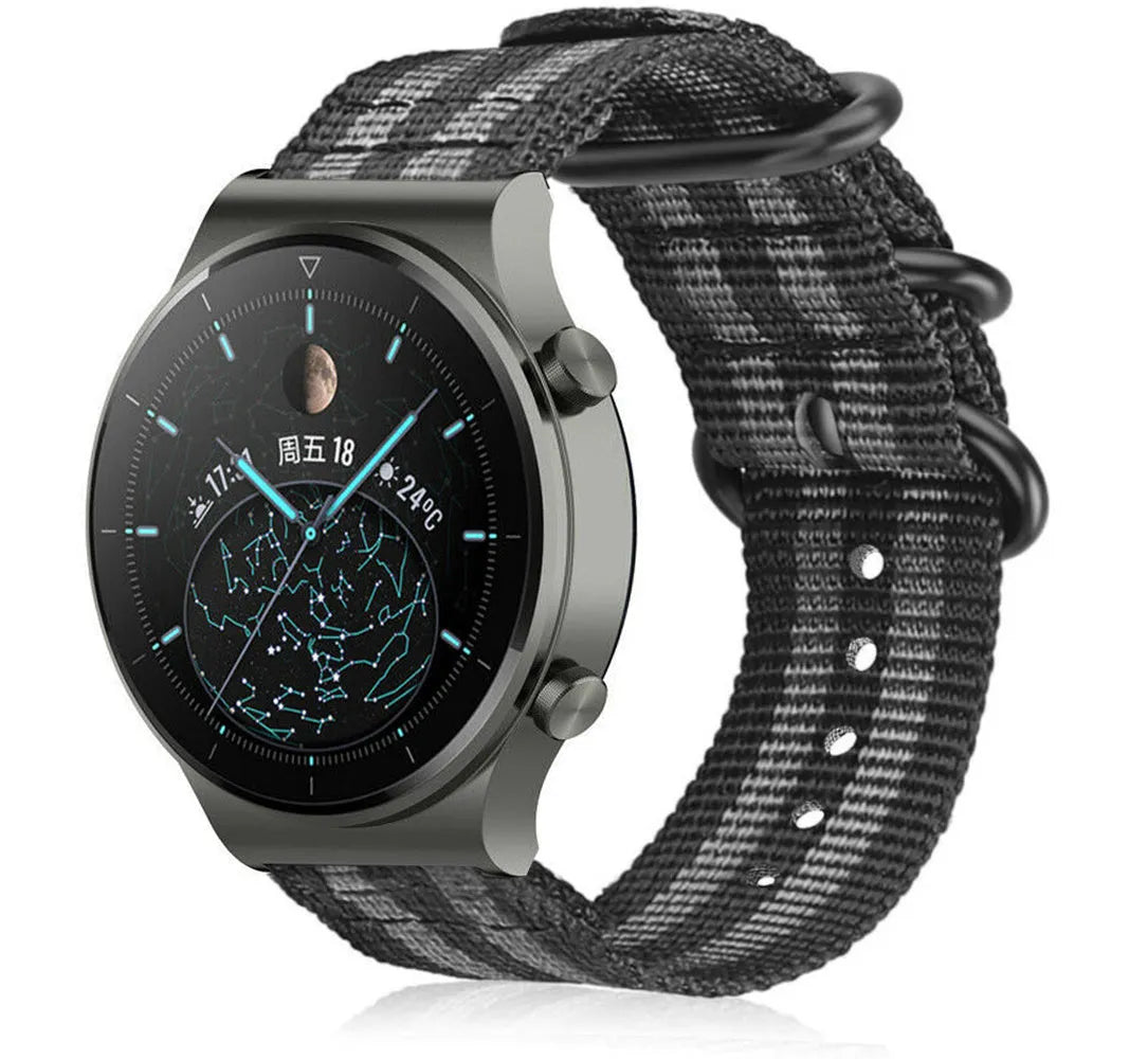 Nylon Buckle Strap, black/grey, on a watch, 3/4 front view