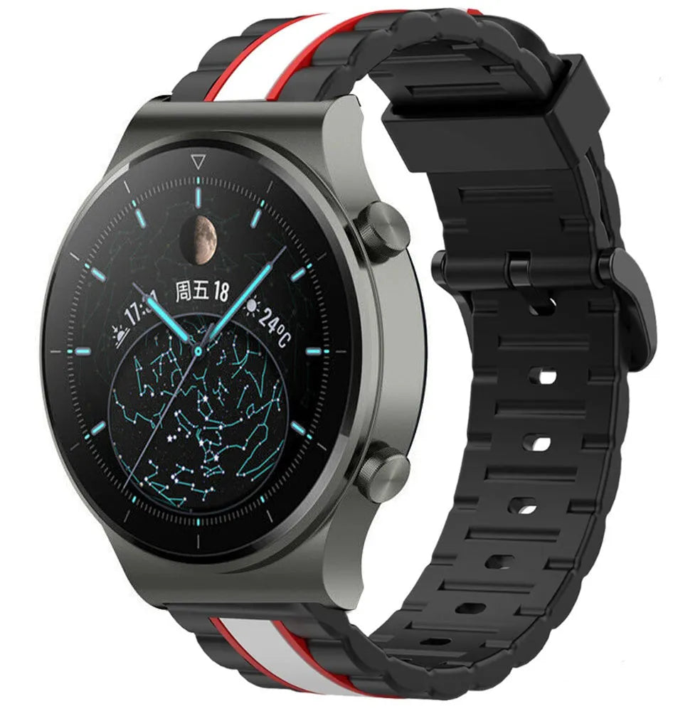 Silicone Special Edition Strap, black/white, on a watch, 3/4 front view