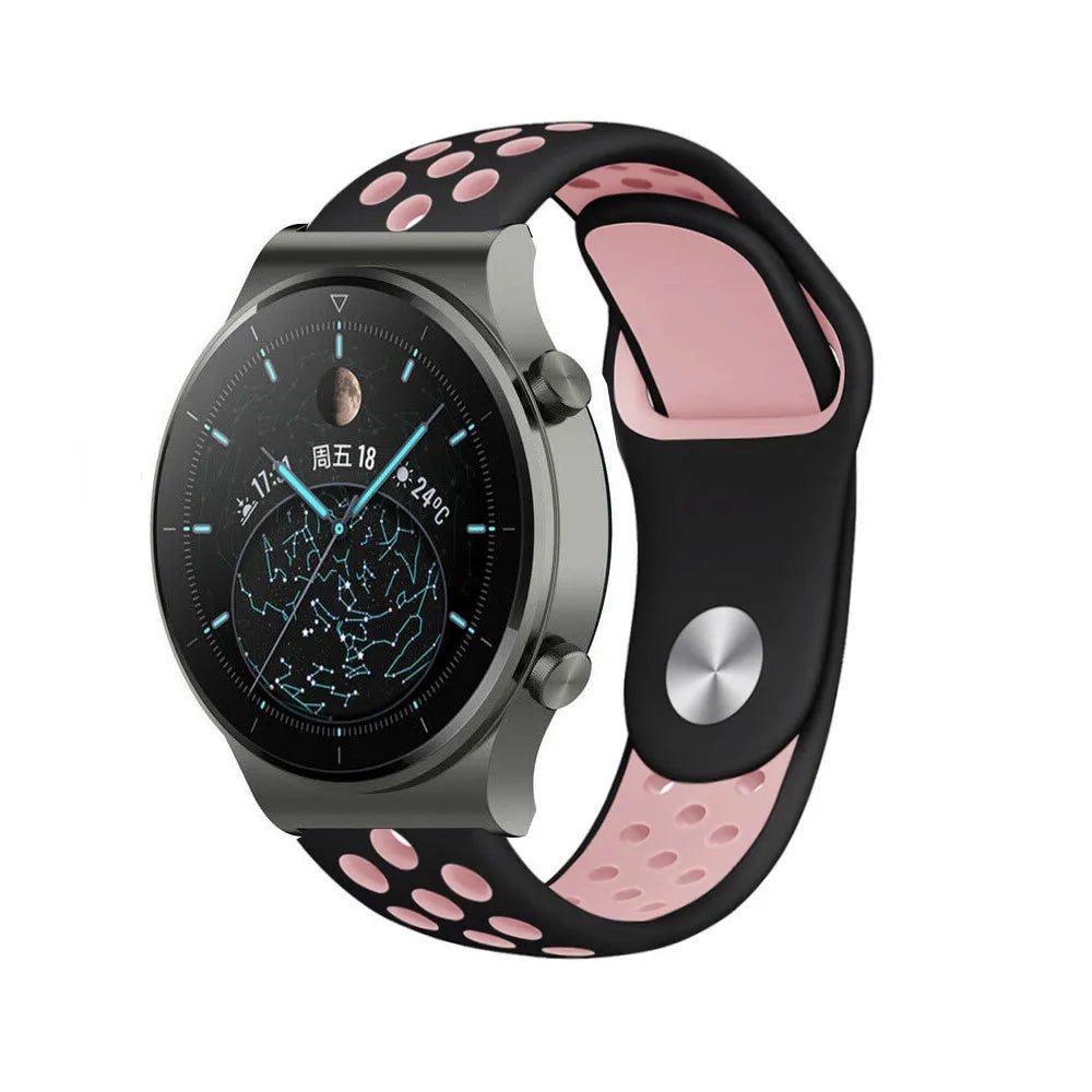 Silicone Sport Strap, black/pink, on a watch, 3/4 front view