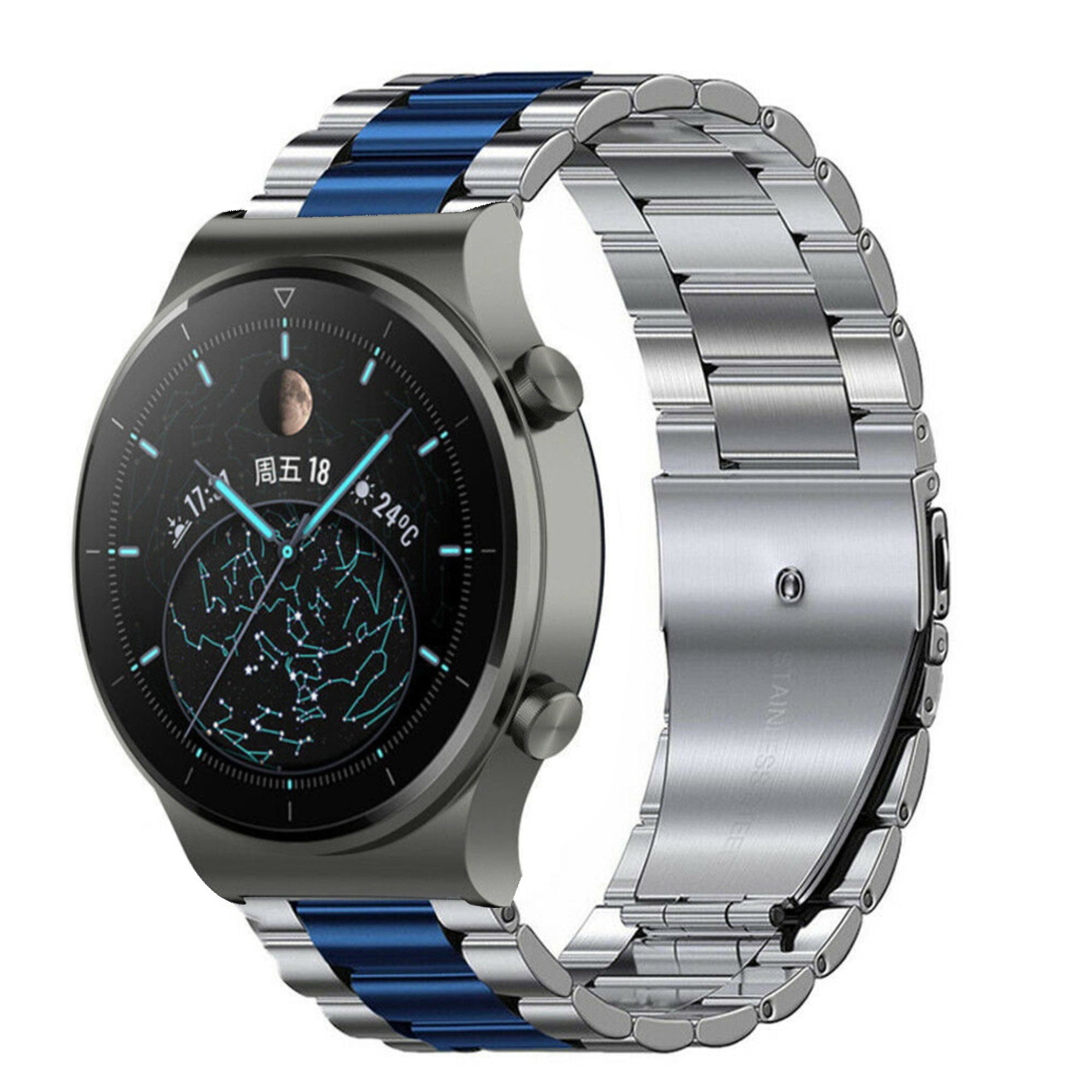 Steel Strap, silver/blue, on a watch, 3/4 front view
