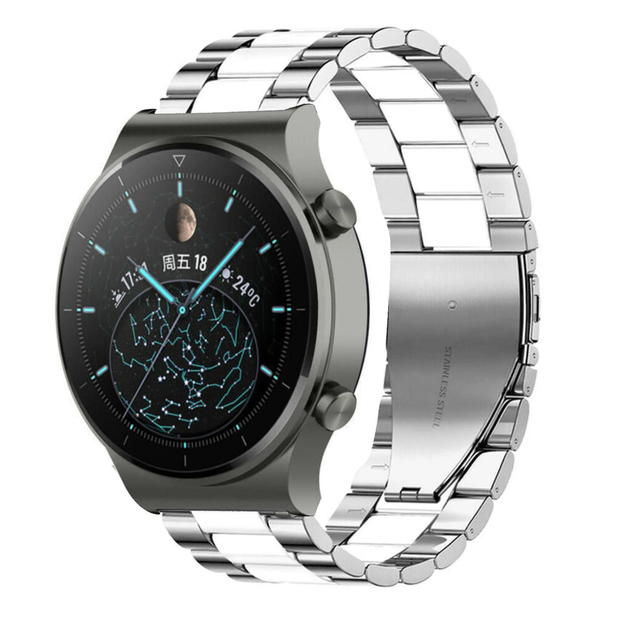 Steel Strap, silver/white, on a watch, 3/4 front view