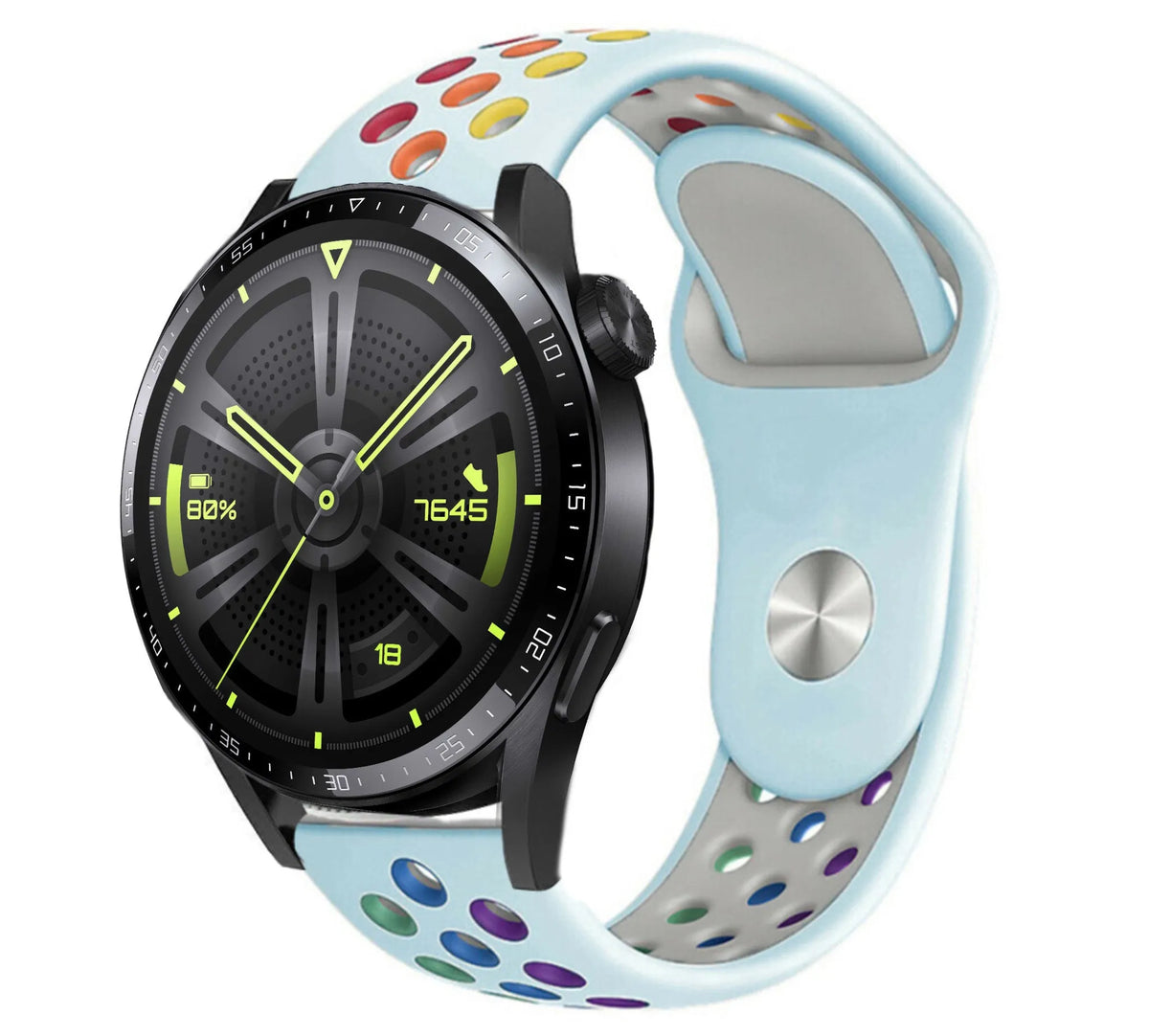 Silicone Sport Strap, light blue/colourful, on a watch, 3/4 front view