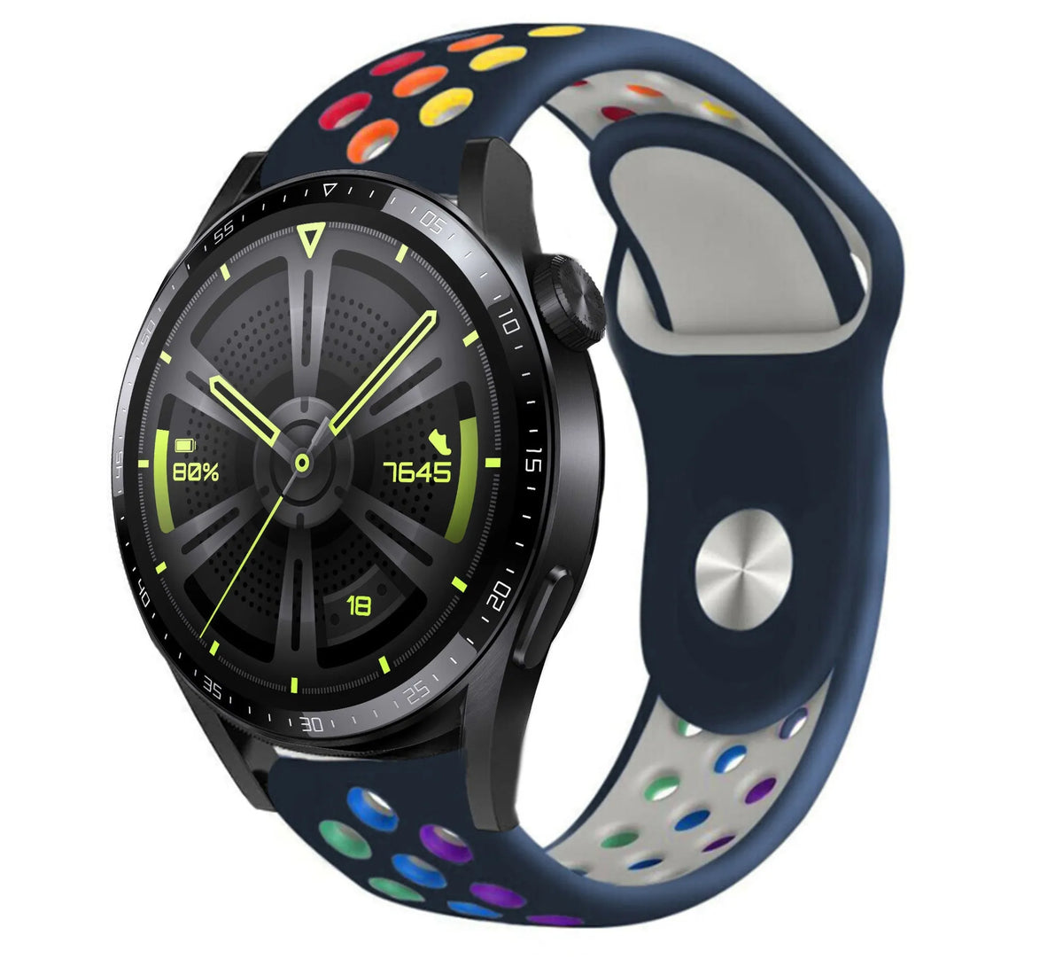 Silicone Sport Strap, dark blue/colourful, on a watch, 3/4 front view