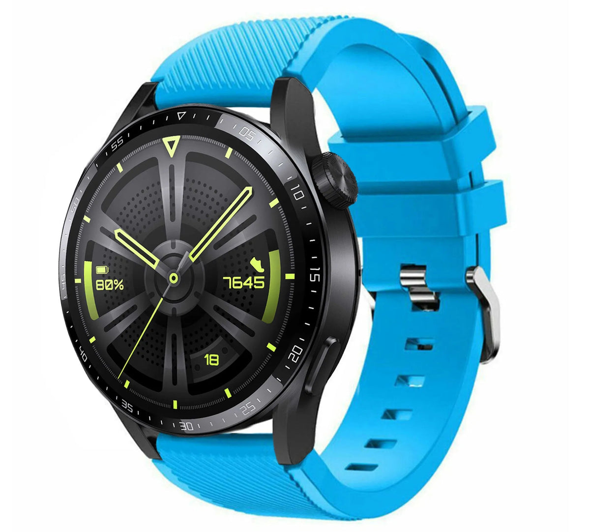 Twill Silicone Strap, light blue, on a watch, 3/4 front view