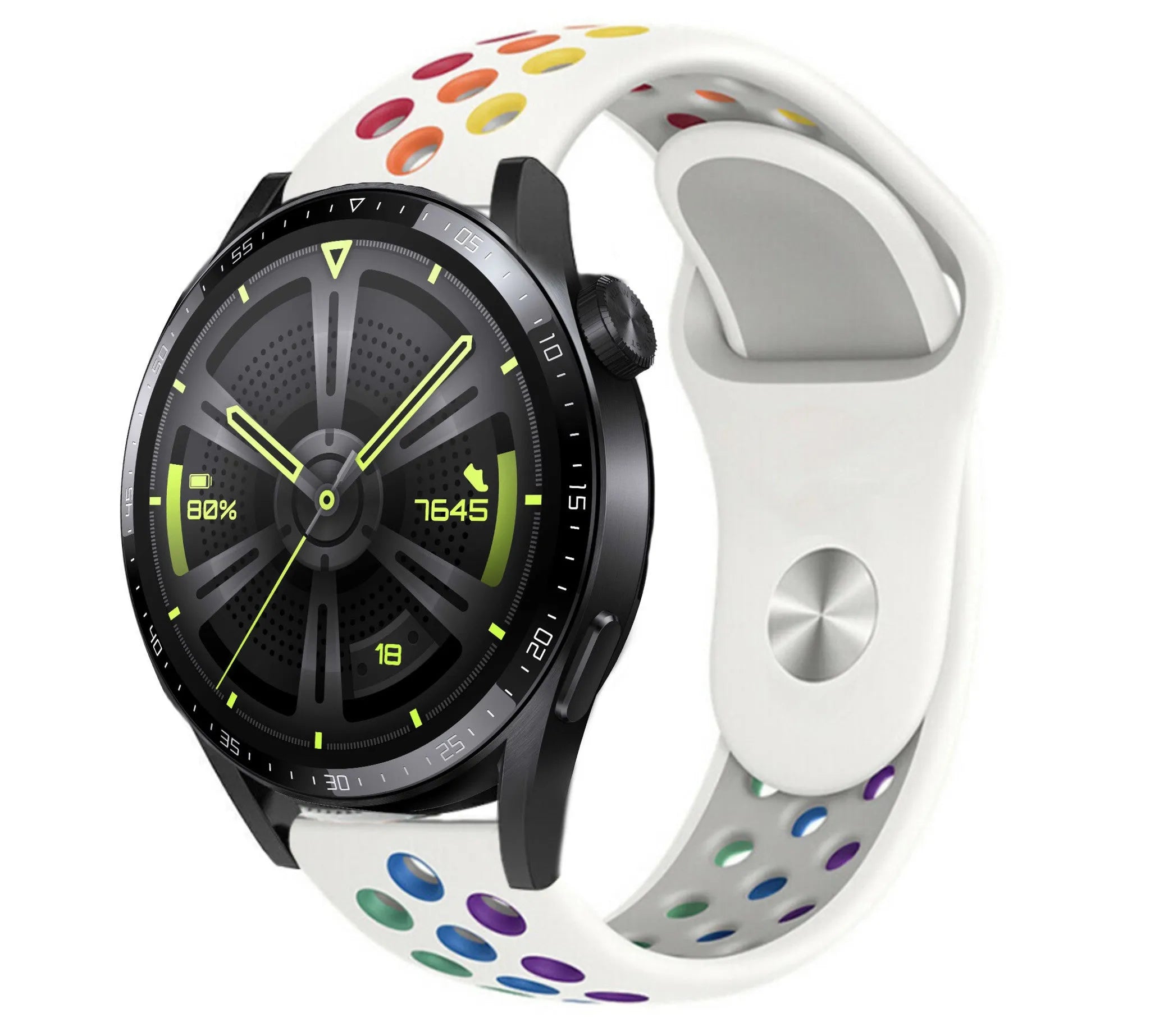 Silicone Sport Strap, white/colourful, on a watch, 3/4 front view