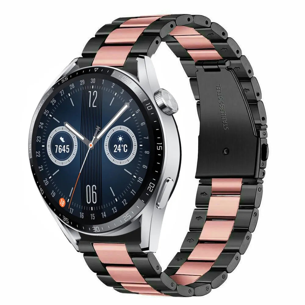 Steel Strap, black/pink, on a watch, 3/4 front view