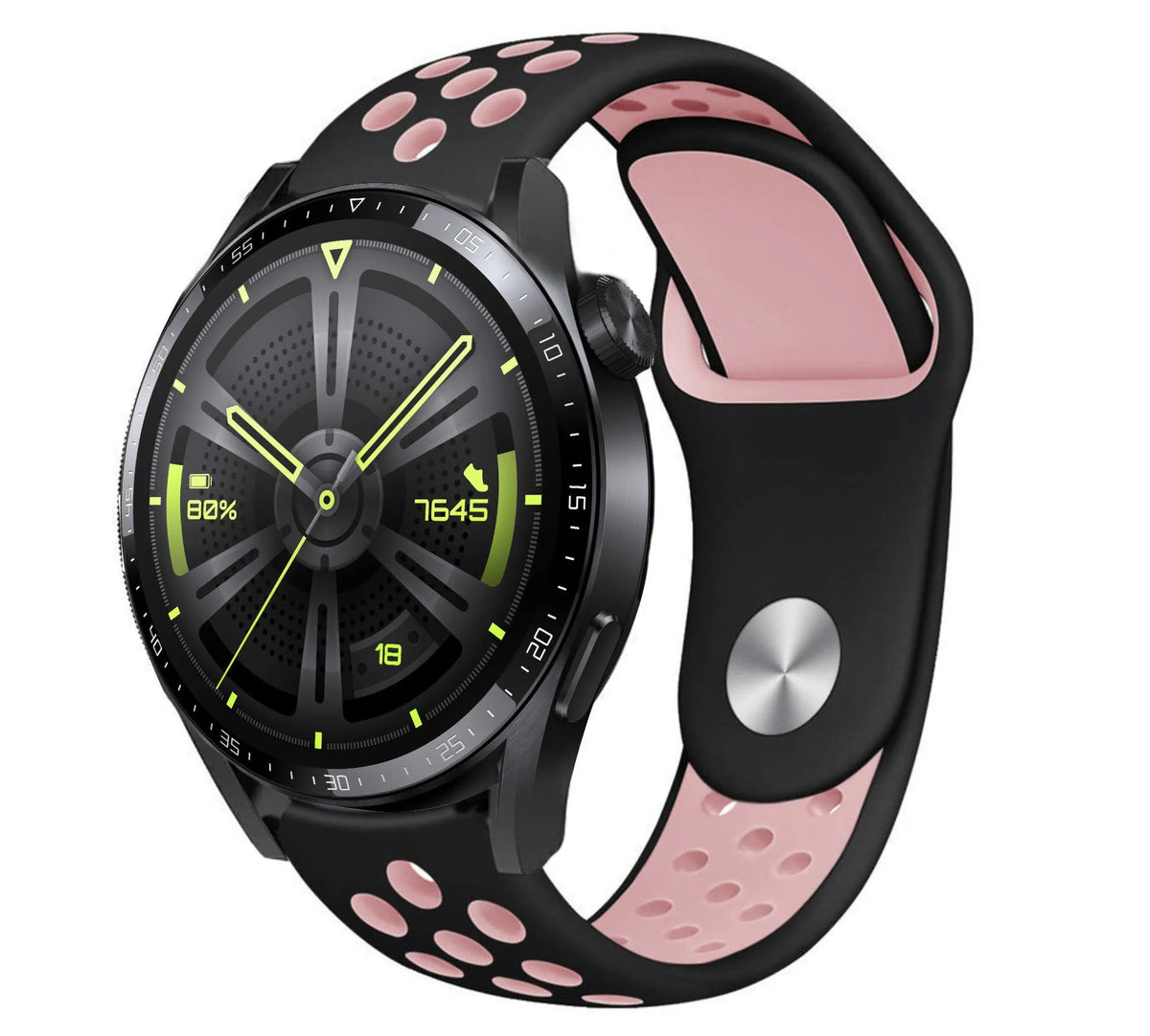 Silicone Sport Strap, black/pink, on a watch, 3/4 front view