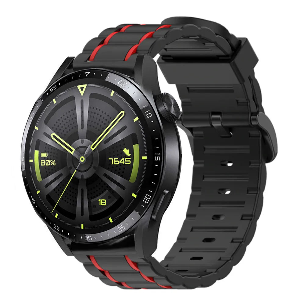 Silicone Sport Strap with Buckle, black/red, on a watch, 3/4 front view