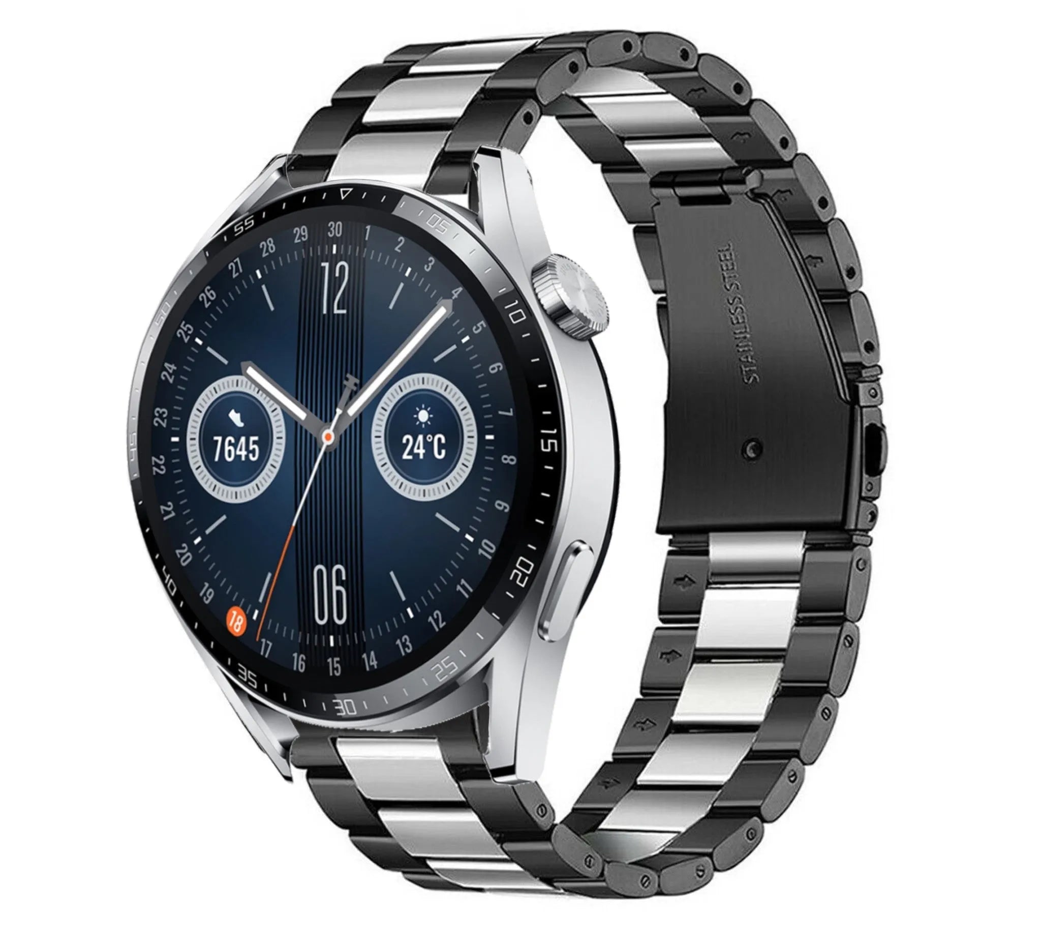 Steel Strap, black/silver, on a watch, 3/4 front view