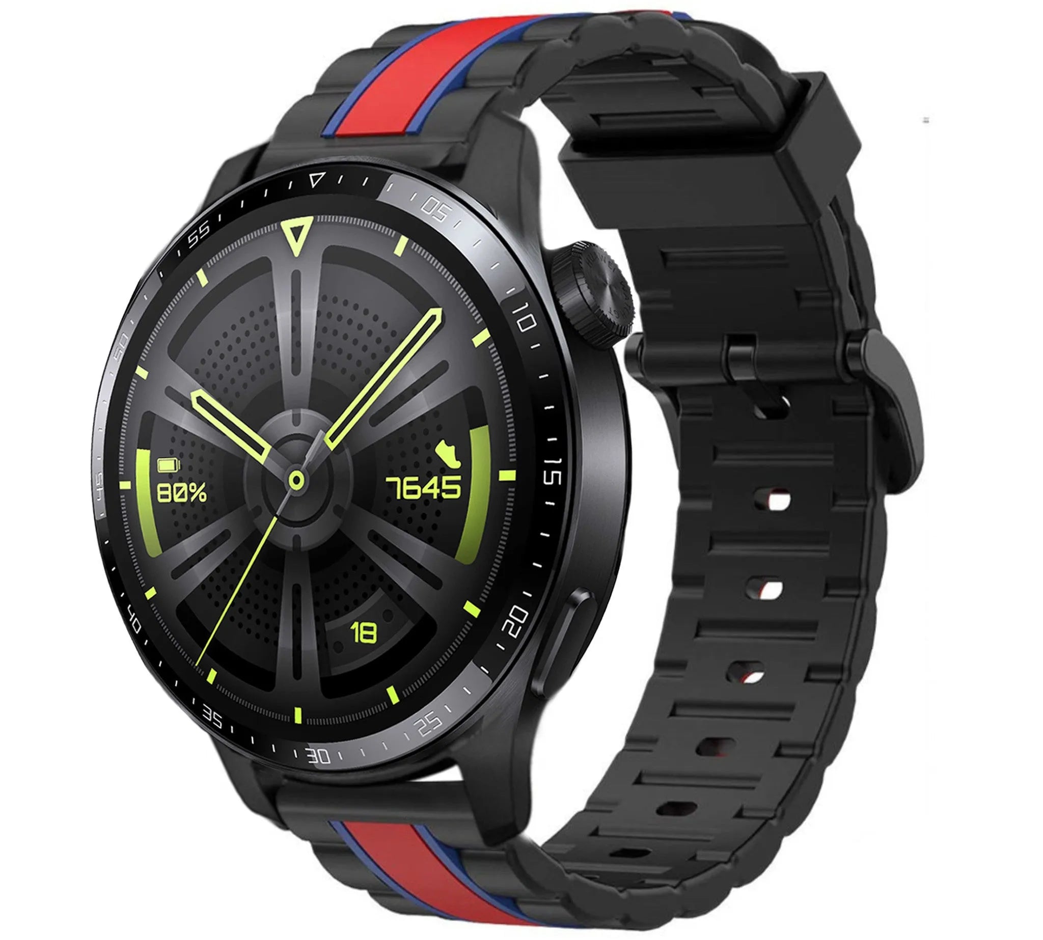 Silicone Special Edition Strap, black/red, on a watch, 3/4 front view