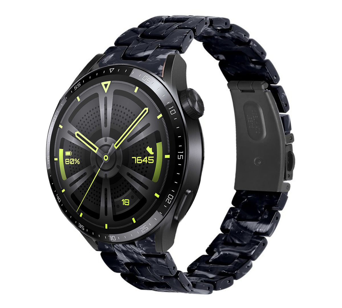 Metal Resin Strap, black/white, on a watch, 3/4 front view