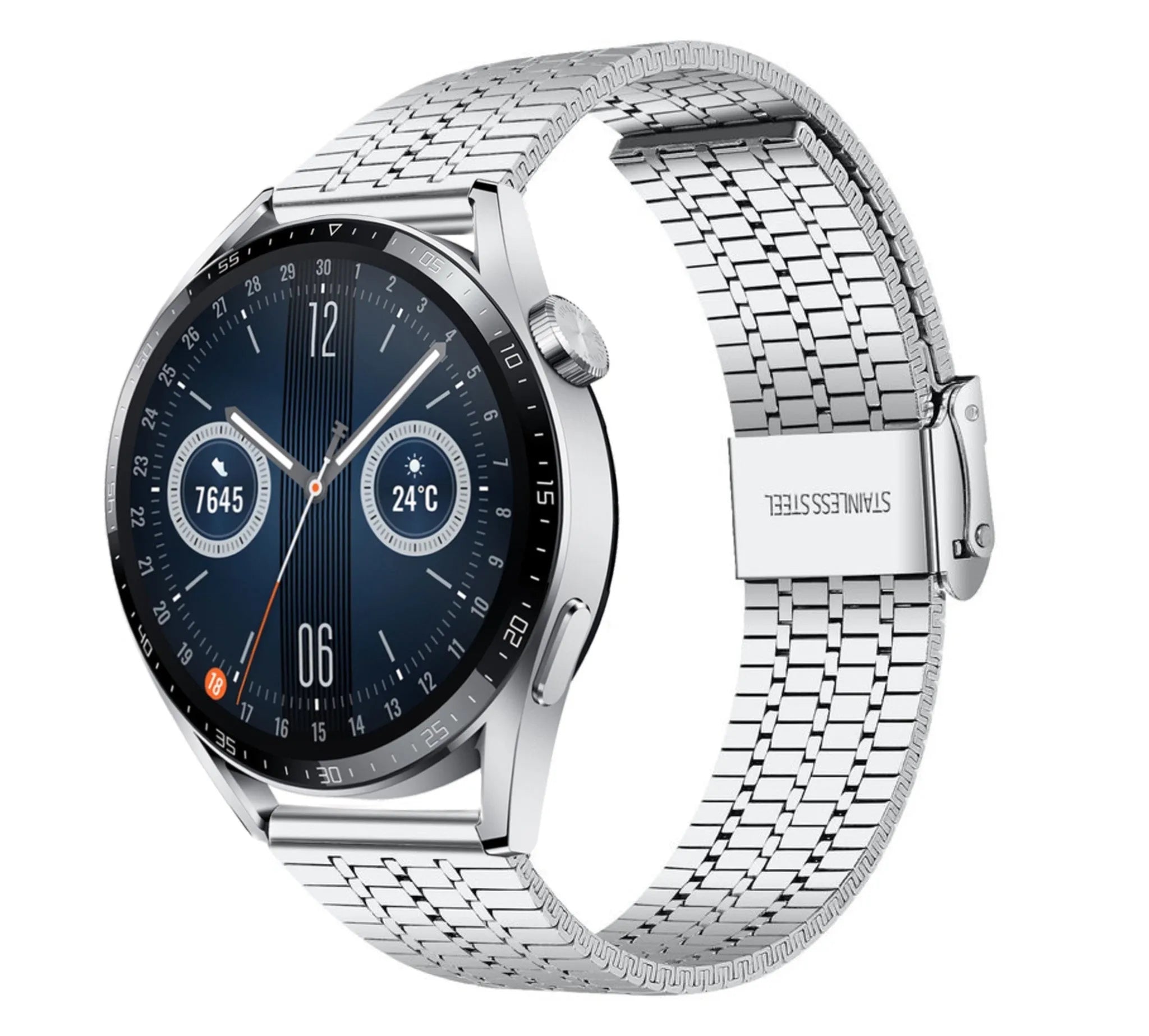 Fine Steel Strap, silver, on a watch, 3/4 front view