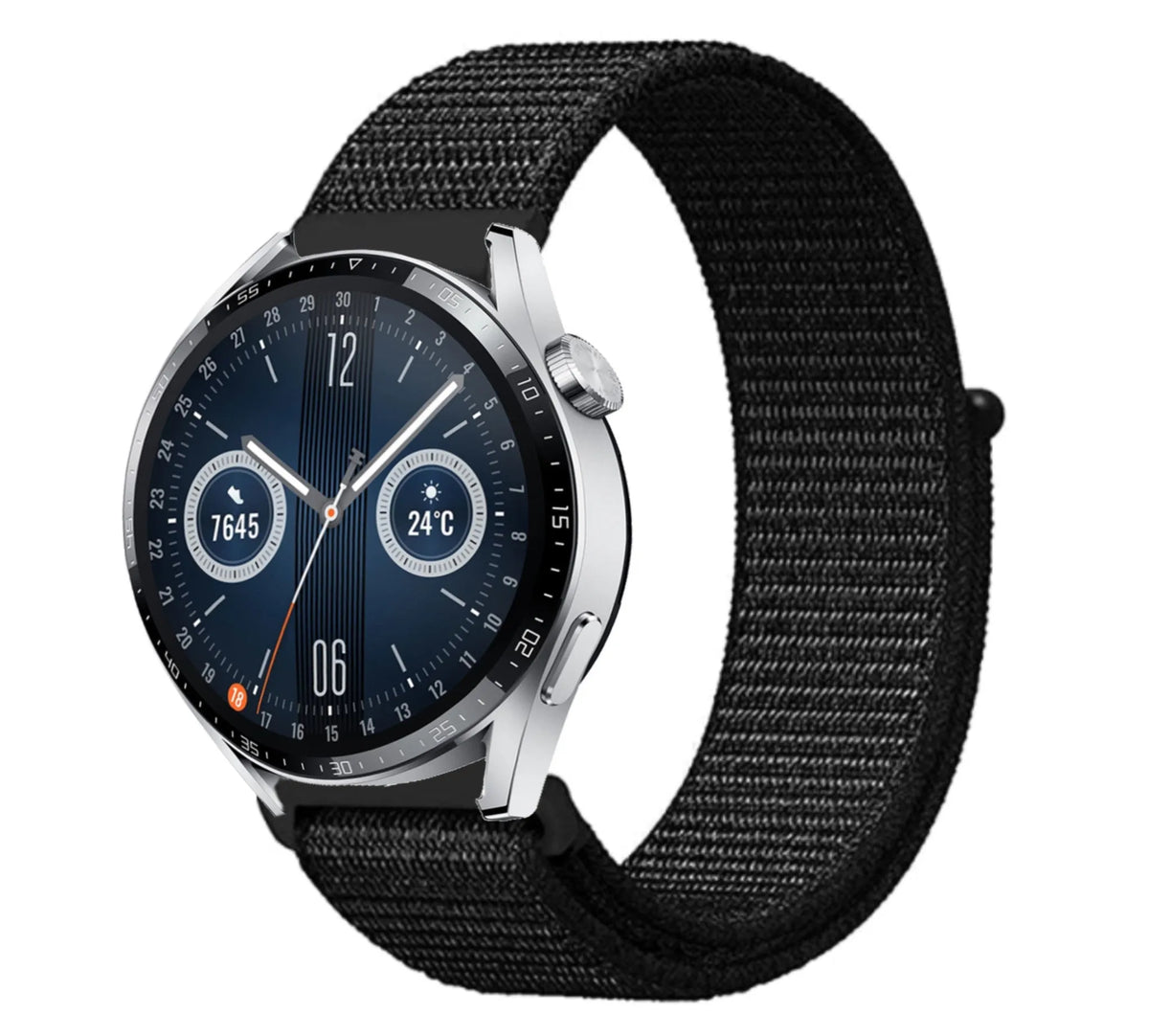 Nylon Strap, black, on a watch, 3/4 front view