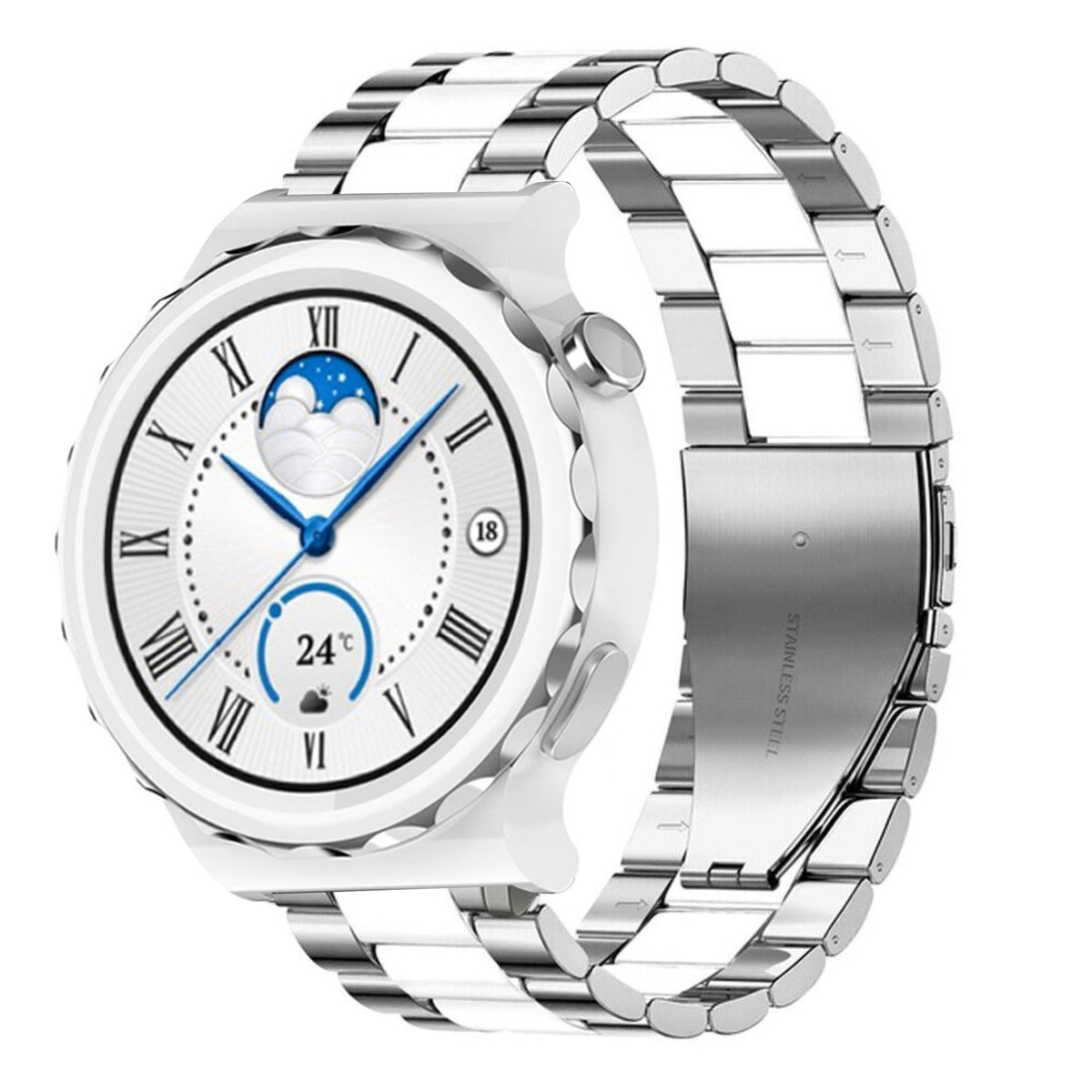 Steel Strap, silver/white, on a watch, 3/4 front view