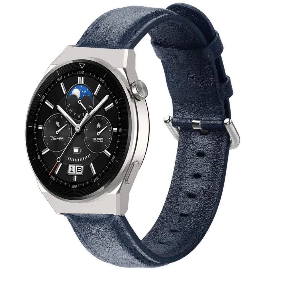 Leather Strap, dark blue, on a watch, 3/4 front view