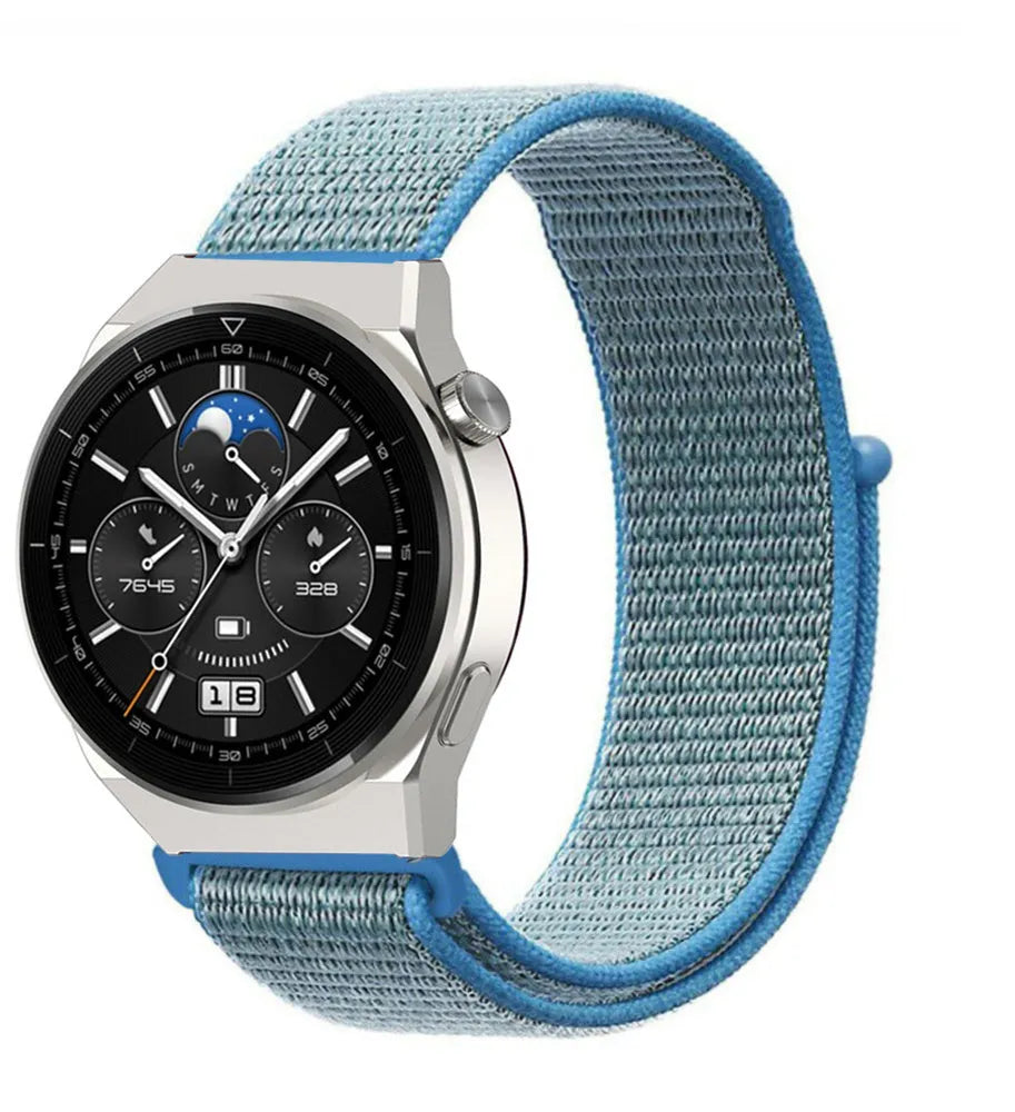 Nylon Strap, blue, on a watch, 3/4 front view