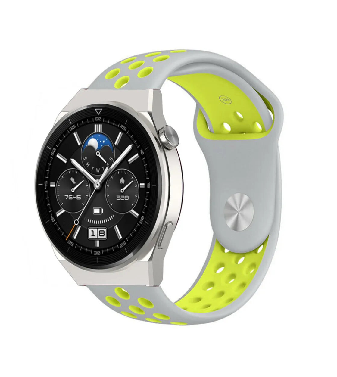 Silicone Sport Strap, grey/yellow, on a watch, 3/4 front view